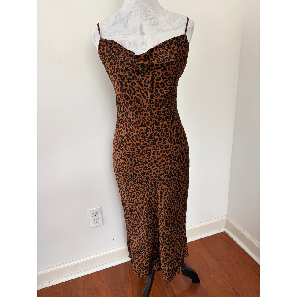 Good American Leopard Slip Dress Women 0 Mob Wife Chic Chai Cowl Neck Midi